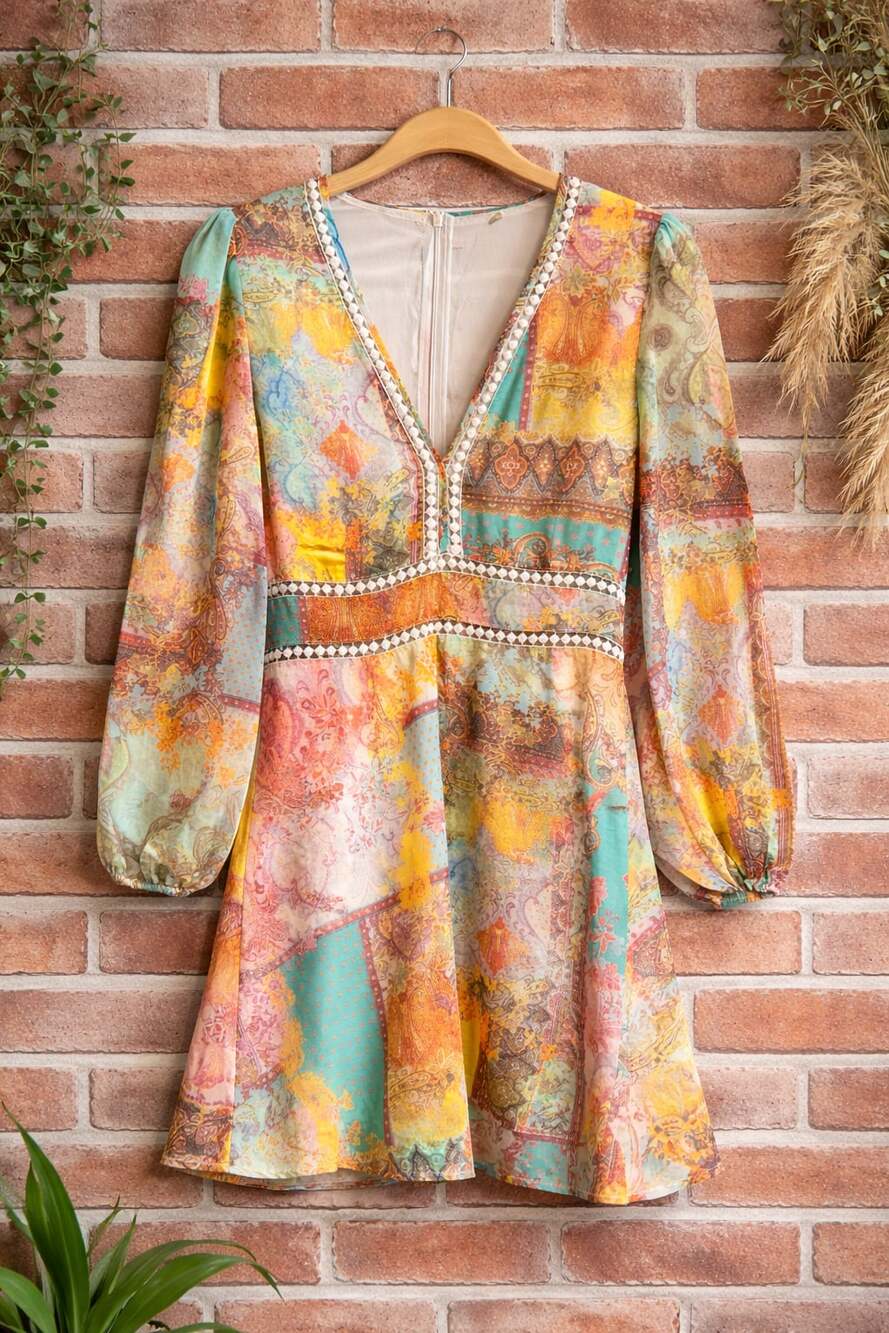 Boho V-Neck Long Sleeve Patchwork Paisley Mini Dress, Size L - Picture 2 of 6